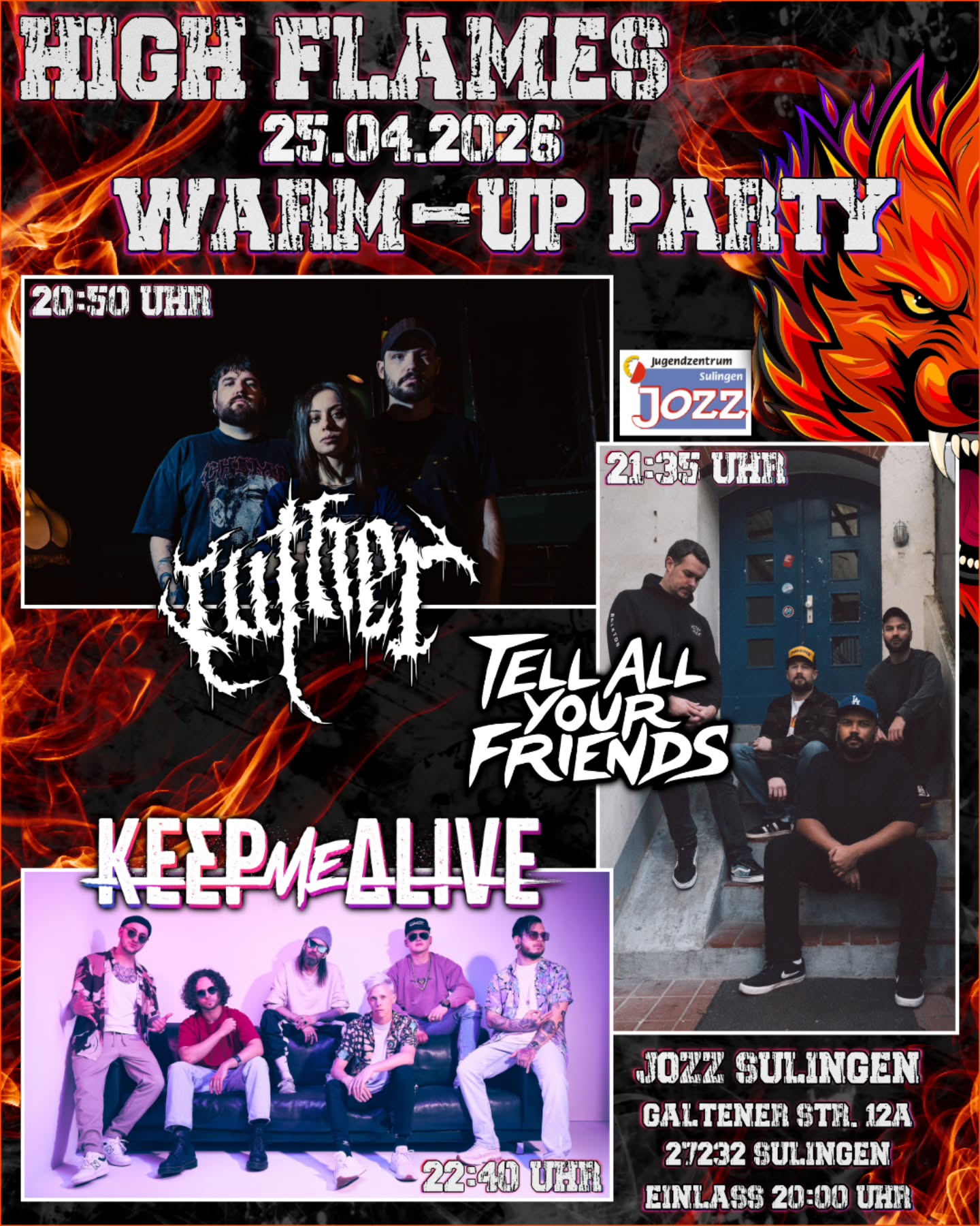 Event poster for High Flames Warm-Up Party on 25. Apr.